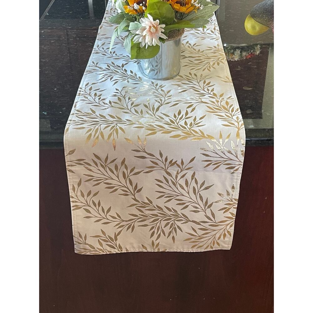 Table Runner Golden Branches Over White 14 x 71 White Golden